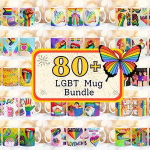 May include: A collection of over 80 LGBTQ+ themed mugs featuring various designs with rainbow colours, hearts, and slogans like "Love is Love" and "Pride".