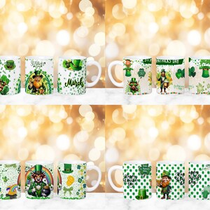 May include: Set of ten white ceramic mugs with various St. Patrick's Day designs. The mugs feature green shamrocks, leprechauns, and the text "St. Patrick's Day" and "March".