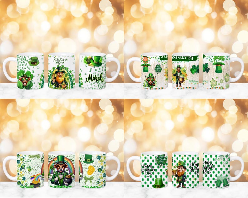 May include: Set of ten white ceramic mugs with various St. Patrick's Day designs. The mugs feature green shamrocks, leprechauns, and the text "St. Patrick's Day" and "March".