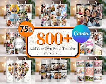 May include: A collage of photo tumblers with various designs, including a heart, a film strip, and a honeycomb pattern. The tumblers are 8.2 inches by 9.3 inches and feature the text "Add Your Own Photo Tumbler" and "Canva".
