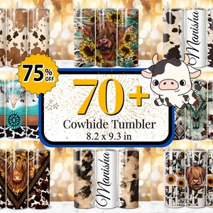 Może przedstawiać: Kolekcja ponad 70 kubków ze skóry krowiej z różnymi wzorami, w tym krowa szkocka, słoneczniki i wzór krowy. Kubki mają wymiary 8,2 x 9,3 cala.