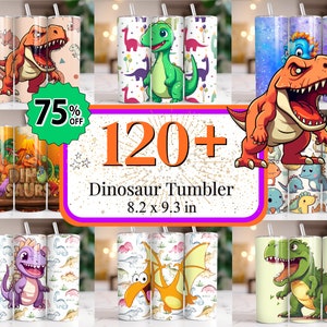 Op de afbeelding: Een set van meer dan 120 dinosaurusthemabekers met verschillende ontwerpen. De bekers zijn 8,2 x 9,3 inch en bevatten kleurrijke illustraties van dinosaurussen, waaronder een groene dinosaurus met een rode streep, een paarse dinosaurus met een gele streep en een rode dinosaurus met een gele streep. De bekers zijn perfect om elke gelegenheid een leuke en fantasierijke toets te geven.