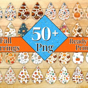 May include: A collection of teardrop-shaped earrings with fall-themed designs, including pumpkins, leaves, and Thanksgiving motifs. The image also includes the text "Fall Earrings" and "Ready To Print".
