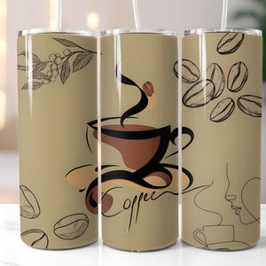 May include: Three stainless steel tumblers with a beige background and black coffee designs. The designs include coffee beans, a coffee cup with steam, and a stylized face with a coffee cup.