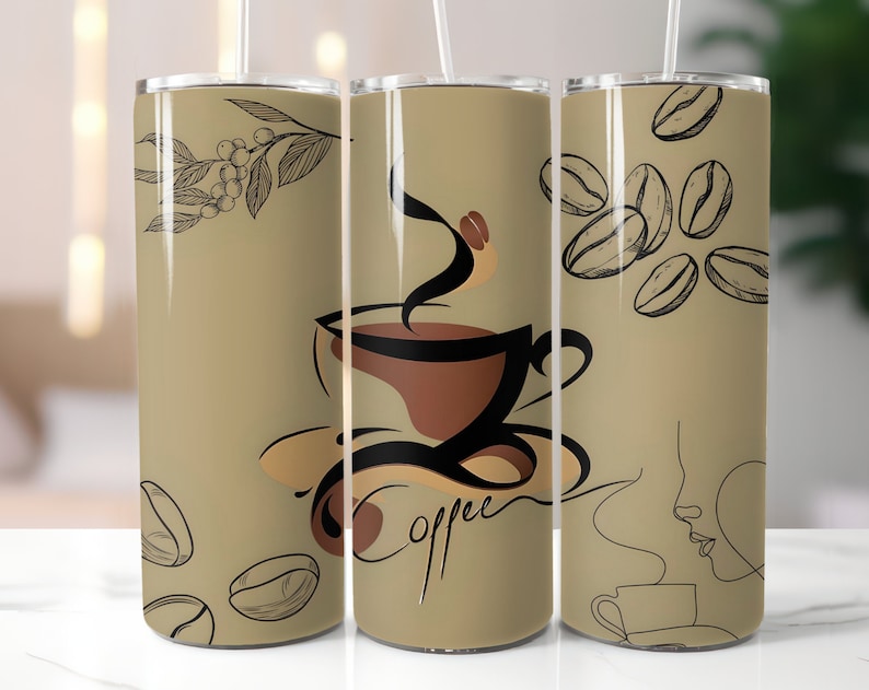 May include: Three stainless steel tumblers with a beige background and black coffee designs. The designs include coffee beans, a coffee cup with steam, and a stylized face with a coffee cup.