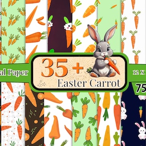 May include: A digital paper pack with 35+ Easter carrot designs. The designs feature carrots, bunnies, and other Easter-themed elements. The papers are 12 x 12 inches and are perfect for scrapbooking, card making, and other craft projects.