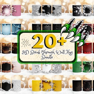 20 + 3D Durchbruch Wandbecher-Verpackungs-Designs im Bundle, 11-Unzen- und 15-Unzen-Becher-Sublimationspaket, Loch in einer Wandbecherverpackung, Kaffeetassen-Verpackungsdesign-Bundle