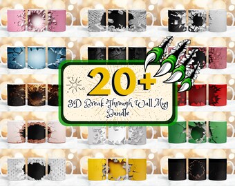 20 + 3D Durchbruch Wandbecher-Verpackungs-Designs im Bundle, 11-Unzen- und 15-Unzen-Becher-Sublimationspaket, Loch in einer Wandbecherverpackung, Kaffeetassen-Verpackungsdesign-Bundle