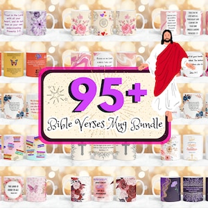 May include: A collection of 95+ mugs featuring different Bible verses. The mugs are white with various designs, including floral patterns, butterflies, and colorful stripes. The mugs are arranged in rows on a shelf with a gold background.