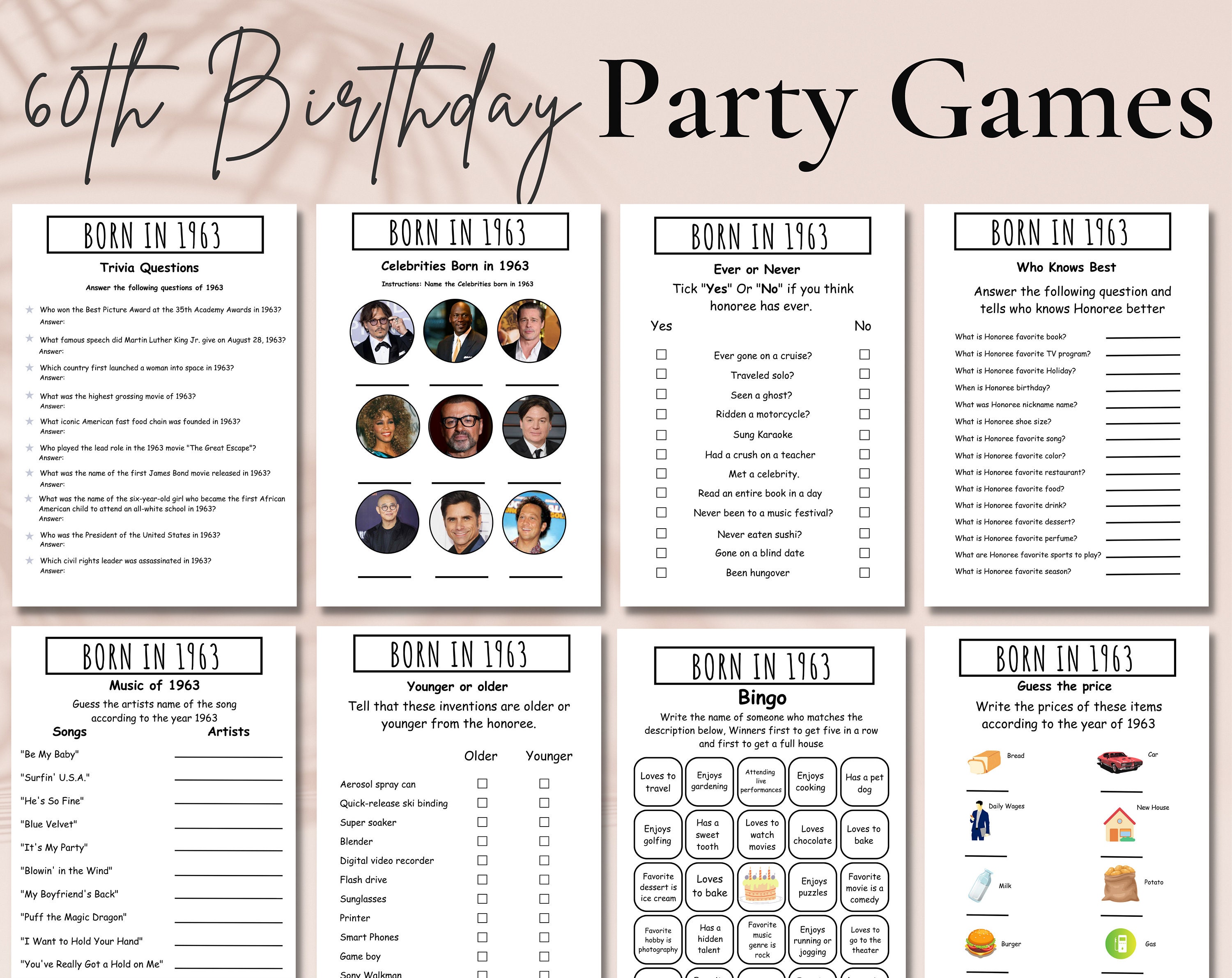 60th Birthday Party Games Bundle Born In 1963 Games Etsy
