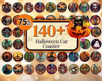 Pakiet 140 + projektów podstawek samochodowych na Halloween, podstawka samochodowa Spooky Season, podstawka samochodowa Halloween Ghost, projekty podstawek samochodowych Horror, podstawka PNG