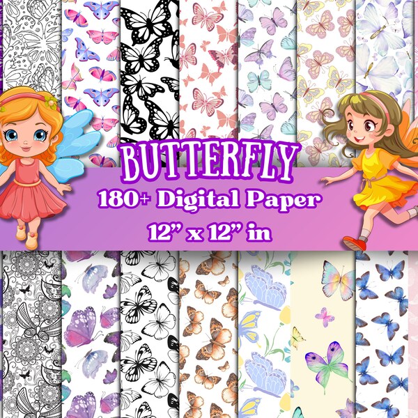 180 + Butterfly Digital Paper Bundle, Butterflies Seamless Pattern, Butterfly Decorative Papers, Butterflies Background, Butterflies Paper