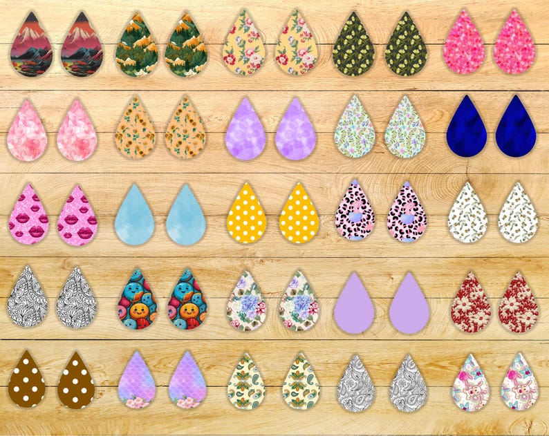 May include: A collection of 60 earring designs featuring various patterns and colors. The earrings are made of different materials, including metal, plastic, and fabric. The designs include floral patterns, geometric shapes, abstract designs, and more.