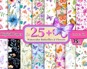 25 + Aquarell Schmetterling Blume, Digitales Papier, Schmetterlinge Musterdesign, Schmetterling Tapete, Aquarell Clipart, Aquarell Sammelalbum
