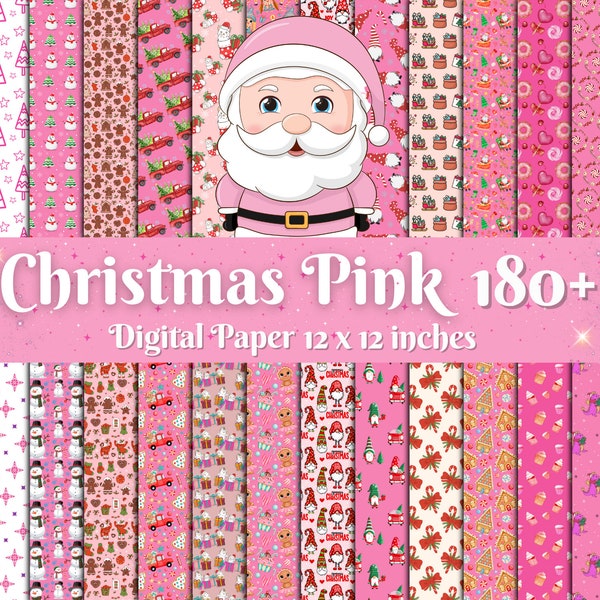 180+ Pink Christmas Digital paper Bundle, Holiday Scrapbook Papers, Snowflake, Christmas Tree, Winter Season paper, Santa paper, Commercial