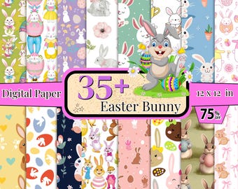 May include: 35+ digital papers featuring Easter bunny illustrations. The papers are 12x12 inches and feature a variety of colors and patterns, including pink, blue, yellow, green, and white. The papers are perfect for crafting, scrapbooking, and other creative projects.
