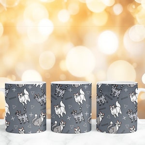 May include: Three white ceramic mugs with a gray background and a repeating pattern of gray and white cats, plus signs, and triangles.