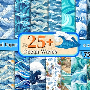 Op de afbeelding: Een digitaal papierpakket met meer dan 25 ontwerpen van oceaan golven. De ontwerpen tonen blauwe, witte en turquoise golven in verschillende stijlen. De tekst "25+ Ocean Waves" wordt weergegeven op een banner met een strandscherm. De tekst "12 x 12 in" wordt ook weergegeven.