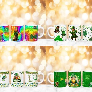 May include: Set of ten white ceramic mugs with various St. Patrick's Day themed designs. The designs include leprechauns, shamrocks, and rainbows. The mugs are perfect for celebrating St. Patrick's Day.
