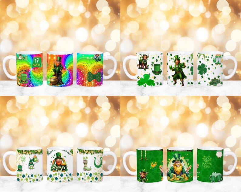 May include: Set of ten white ceramic mugs with various St. Patrick's Day themed designs. The designs include leprechauns, shamrocks, and rainbows. The mugs are perfect for celebrating St. Patrick's Day.