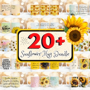 May include: A collection of over twenty white ceramic mugs with sunflower designs and inspirational quotes. The mugs feature various sunflower illustrations, including close-ups, patterns, and text. The mugs are arranged on shelves with a bokeh background.