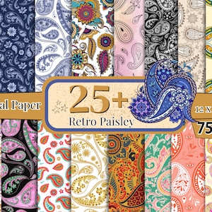 25+ Retro Paisley Digital Paper Bundle, Seamless Paisley Pattern, Vintage Paisley Wallpaper, Paisley Print Scrapbook, Retro Paisley Clipart