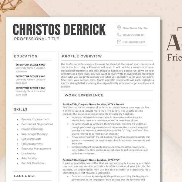 ATS Resume Template Word, Pages, Google Docs | Modern ATS Cv Resume Template | Minimalist ATS Friendly Resume | Simple Professional Resume