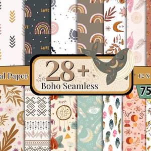 May include: A collection of 28+ Boho seamless digital papers, each 12 x 12 inches. The designs feature various patterns with rainbows, moons, feathers, and other bohemian elements. The color palette includes earthy tones with accents of pink and blue.