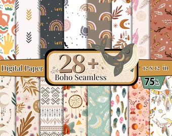28 + Boho Digital Paper Pack, Boho Nahtloses Muster, Boho Feder Hintergrund, Boho Blatt Tapete, Boho Western Clipart, Boho Evil Eye Papier