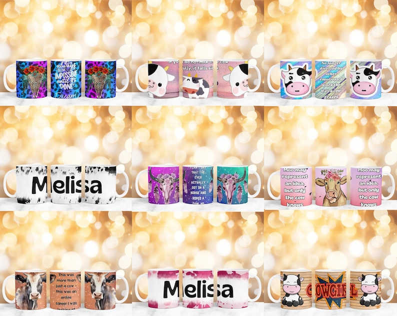 May include: A selection of ceramic mugs with diverse designs. Some mugs feature cow-themed graphics, floral arrangements, and motivational quotes. Others display the name "Melissa". The mugs have white handles and interiors.