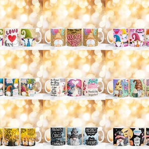 May include: A selection of ceramic mugs featuring gnome illustrations and text. The mugs display colourful gnome designs with hats and beards, alongside phrases such as "Love", "Be Mine", and "Respect". The mugs are white with a curved handle.