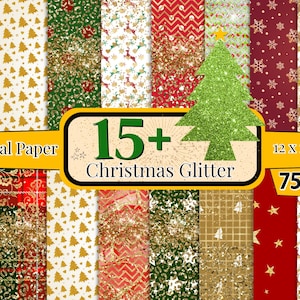 Puede incluir: Un paquete de papel digital con más de 15 patrones de purpurina navideña. Los patrones presentan purpurina dorada, colores rojo, verde y blanco. Los patrones miden 12 x 12 pulgadas.