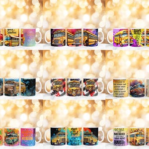 May include: A selection of ceramic mugs featuring school bus illustrations and text. The mugs display bright colours and phrases such as "Back to School" and "Bus Driver". The school buses are yellow and orange.