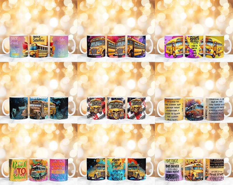 May include: A selection of ceramic mugs featuring school bus illustrations and text. The mugs display bright colours and phrases such as "Back to School" and "Bus Driver". The school buses are yellow and orange.