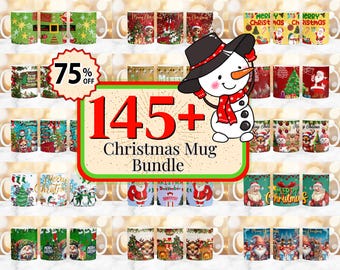 145 + Christmas Mug Wrap Design Bundle, Xmas Inflated Mug Wrap, Christmas Santa Mug Wrap, 11oz & 15oz Christmas Mug Sublimation Design PNG