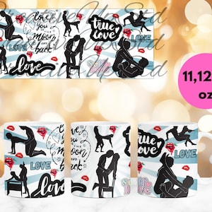 May include: White ceramic mug with a wrap-around design featuring black silhouettes of couples, red lips, and the words "love", "true love", and "love you to the moon and back". Available in 11, 12, and 15 oz sizes.