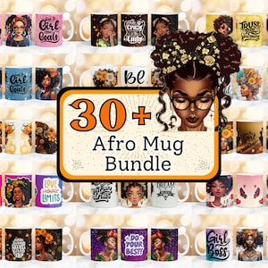 May include: A collection of 30+ colourful mugs featuring various designs with African American women. The mugs have different phrases like "Girl Goals", "Trust Your Journey", and "Girls Can Be MyTh".