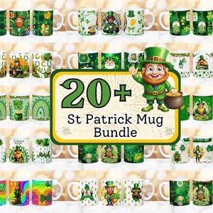 May include: A collection of 20+ St. Patrick's Day themed mugs featuring various designs including shamrocks, rainbows, leprechauns, and the phrase "Luck of the Irish".