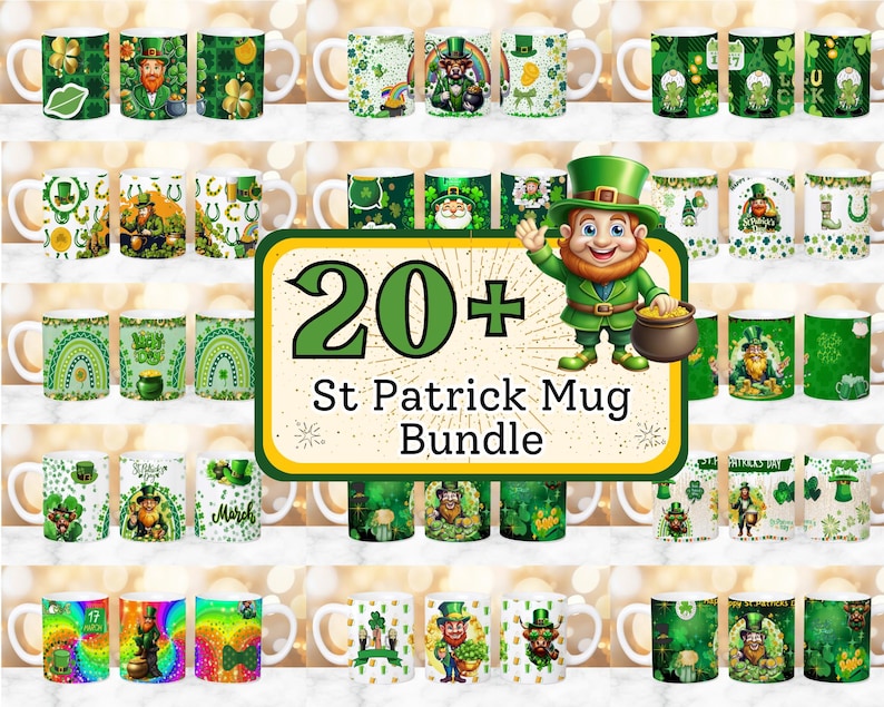 May include: A collection of 20+ St. Patrick's Day themed mugs featuring various designs including shamrocks, rainbows, leprechauns, and the phrase "Luck of the Irish".