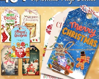 May include: A bundle of 40 printable Christmas gift tags in various designs. The tags feature festive illustrations, including a gingerbread man, a Christmas tree, and a mailbox. The text "Merry Christmas" appears on several of the tags. The tags are 2 x 3.5 inches.