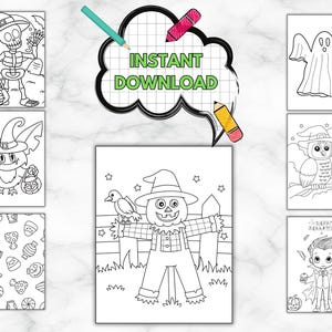 Op de afbeelding: Een set van acht zwart-wit Halloween kleurplaten met verschillende personages, waaronder een skelet, een geest, een uil, een vogelverschrikker en een vampier. De pagina's zijn perfect voor kinderen van alle leeftijden om in te kleuren en van te genieten.