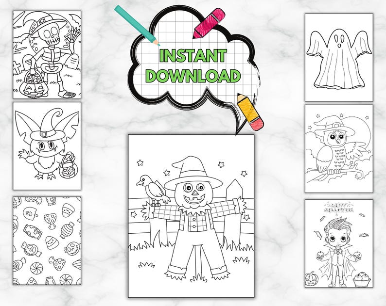 Op de afbeelding: Een set van acht zwart-wit Halloween kleurplaten met verschillende personages, waaronder een skelet, een geest, een uil, een vogelverschrikker en een vampier. De pagina's zijn perfect voor kinderen van alle leeftijden om in te kleuren en van te genieten.