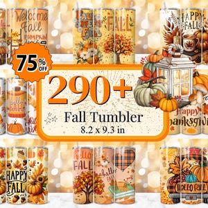 Puede incluir: Una colección de más de 290 vasos temáticos de otoño con varios diseños que incluyen calabazas, hojas y saludos de otoño. Los vasos miden 8,2 pulgadas por 9,3 pulgadas.