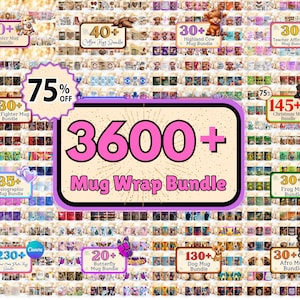 以下が含まれることがあります： マグカップのデザインを多数掲載したプロモーション画像です。「3600+ Mug Wrap Bundle」をハイライトし、イースター、クリスマス、犬をテーマにしたデザインなど、さまざまなテーマのバンドルを紹介しています。「75% OFF」のバナーも表示されています。