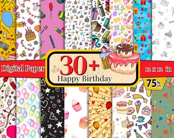 30+ Birthday Digital Paper Bundle, Essential Bright Colors Scrapbook,  Festive Seamless Pattern , Printable Kids Party Nursery Background