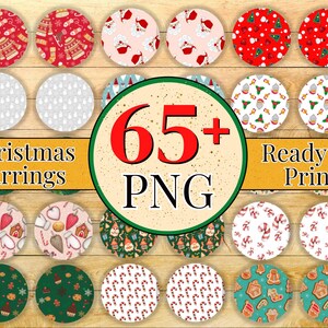 May include: 65+ Christmas earring designs in PNG format, ready to print. The designs feature a variety of festive themes, including Santa, snowmen, reindeer, and candy canes.
