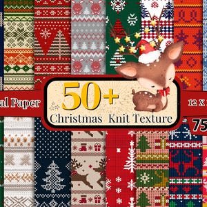 50+ Confezione di carta digitale con texture a maglia natalizia, motivo senza cuciture a maglia natalizia, sfondo a tema natalizio, clipart di vibrazioni natalizie, album di ritagli di Natale