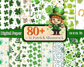 80 + St Patrick Shamrock Digital Paper Pack, Shamrock Seamless Pattern, Patricks Wallpaper, Saint Patricks Clipart, Shamrock Scrapbook paper