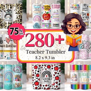May include: A collection of 280+ teacher tumbler designs featuring various themes, including peace signs, rainbows, school supplies, and inspirational quotes. The tumblers are 8.2 inches by 9.3 inches.