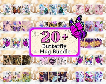 20 + Butterfly Mug Wrap, Floral Mug Sublimation, Butterfly Mug Designs, Coffee Mug Designs PNG, 11oz & 15oz Butterfly Coffee Mug Bundle
